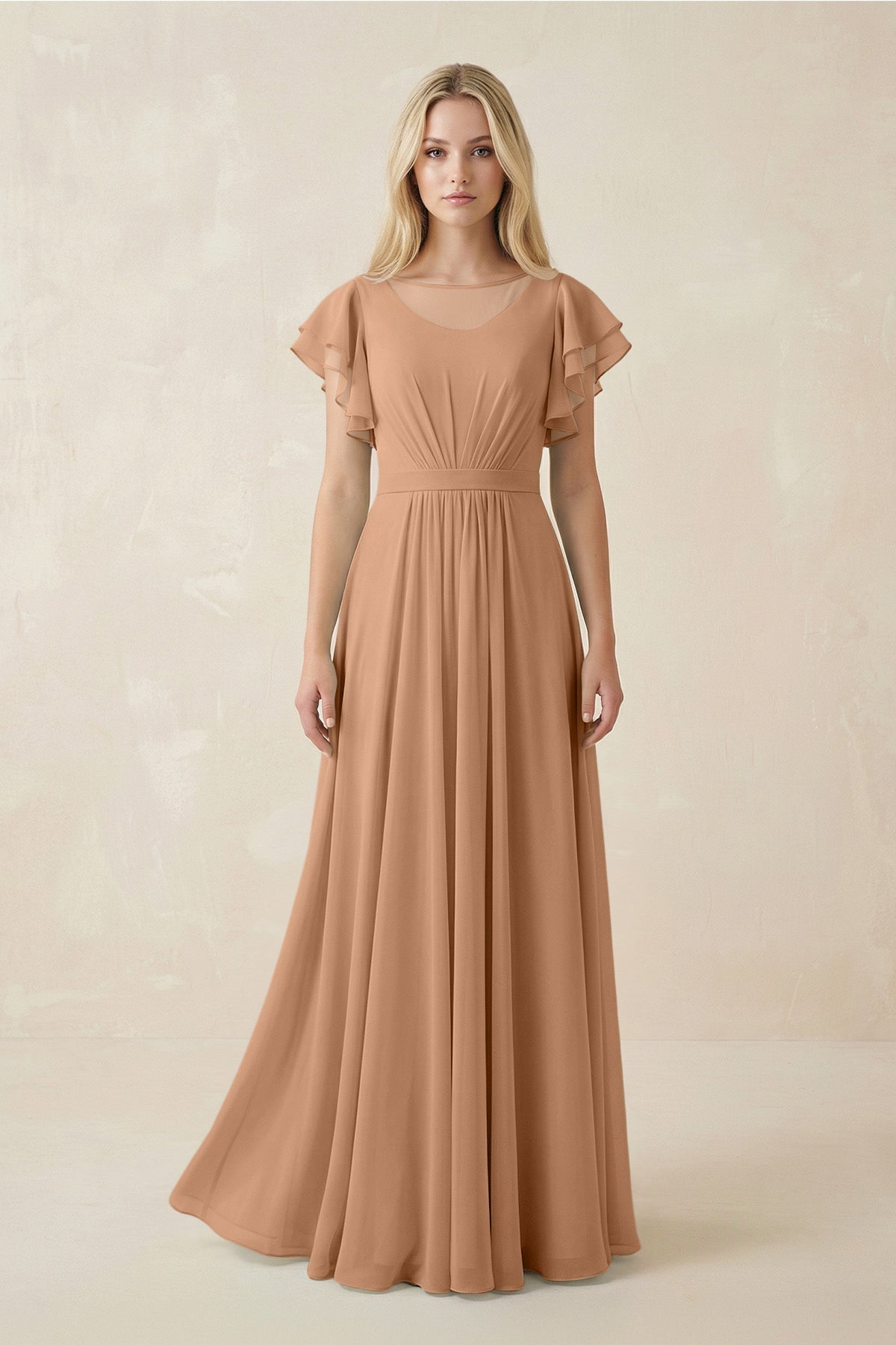Cap Sleeve Ruffled A-Line Chiffon Bridesmaid Dress in Bronzer, Bronzer / 26