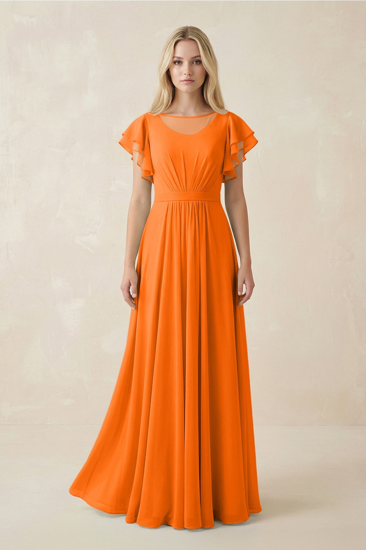 Cap Sleeve Ruffled A-Line Chiffon Bridesmaid Dress in Cinnamon, Cinnamon / 10