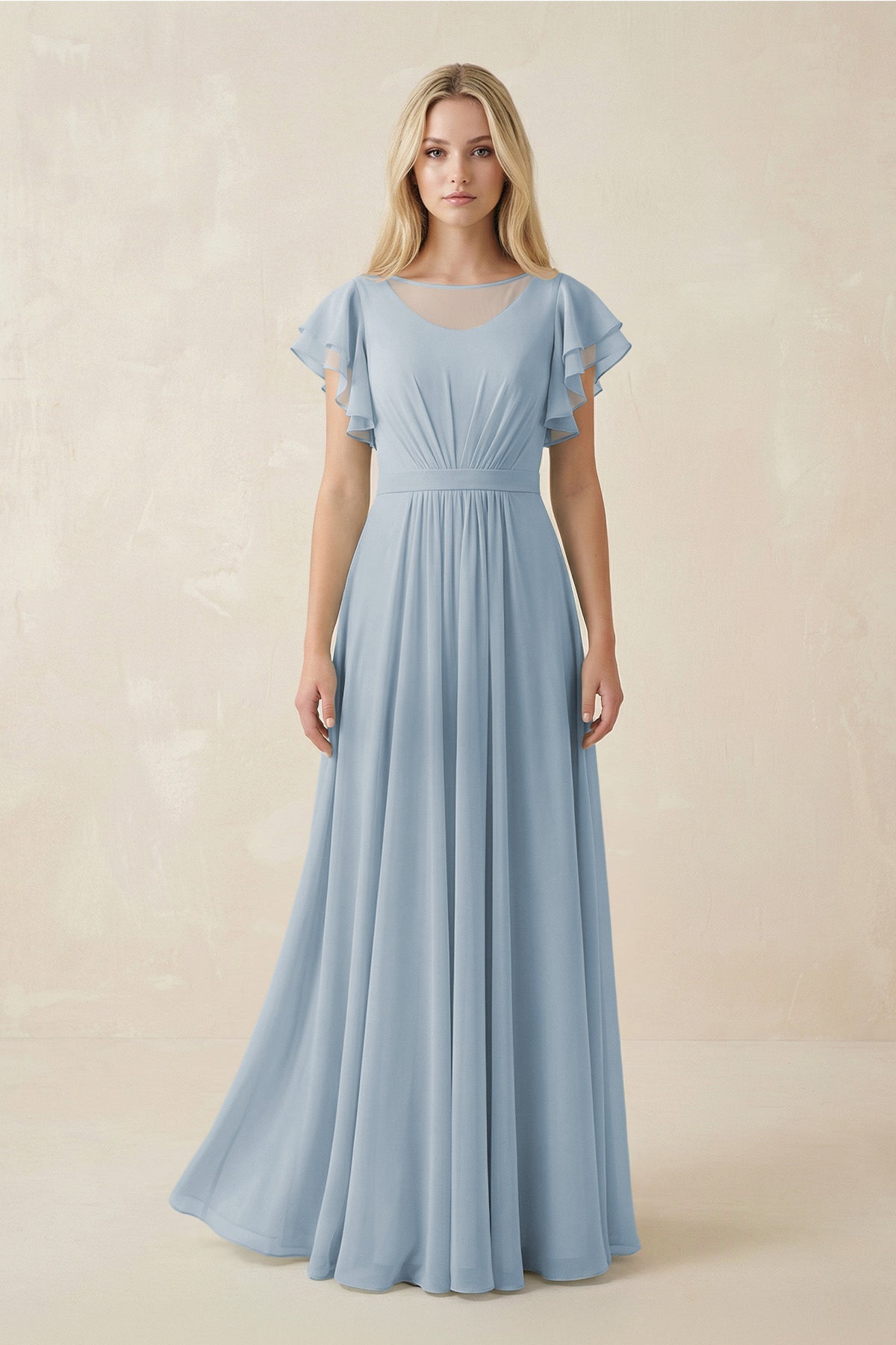 Cap Sleeve Ruffled A-Line Chiffon Bridesmaid Dress in Dusty Blue, Dusty Blue / 30 Cap Sleeve Ruffled A-Line Chiffon Bridesmaid Dress in Dusty Blue, Dusty Blue / 30