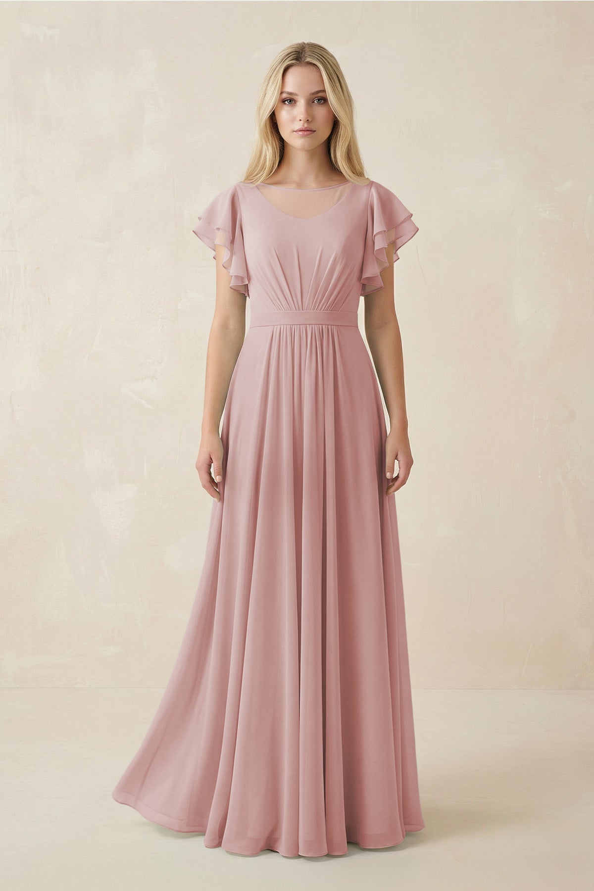 Cap Sleeve Ruffled A-Line Chiffon Bridesmaid Dress in Dusty Rose, Dusty Rose / 26 Cap Sleeve Ruffled A-Line Chiffon Bridesmaid Dress in Dusty Rose, Dusty Rose / 26