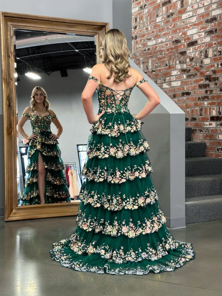 Capri | Green Crystal Sequins Princess A Line Off the Shoulder Prom Dress with Lace Ruffles - KissProm