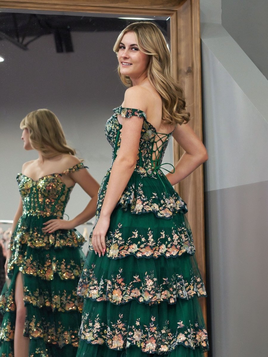 Capri | Green Crystal Sequins Princess A Line Off the Shoulder Prom Dress with Lace Ruffles - KissProm