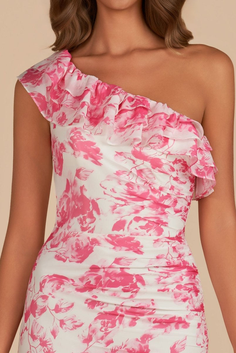 Caprice | Pink - A-Line One Shoulder Floral Chiffon Short Homecoming Dresses