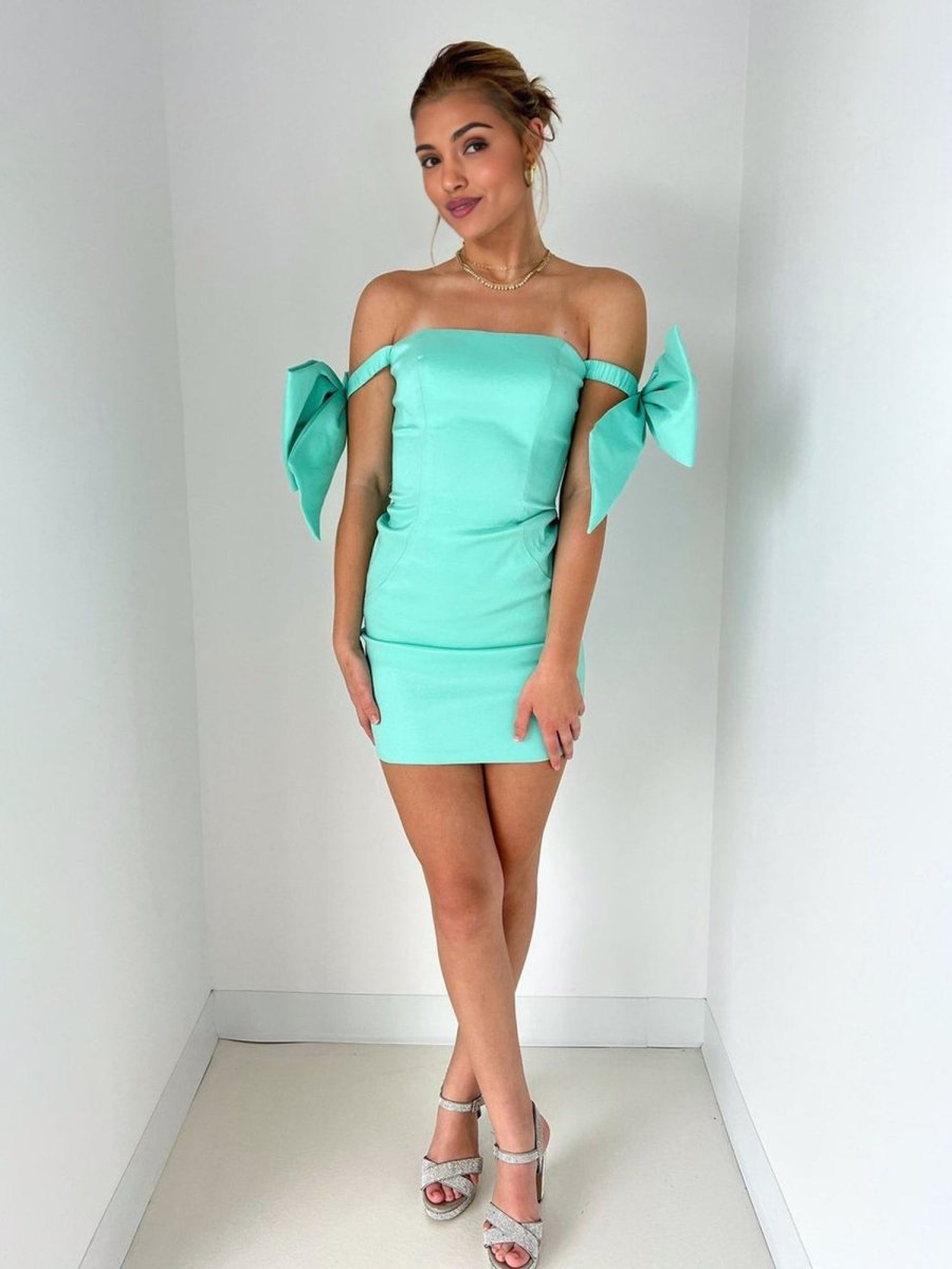 Carey | Mint - Bodycon Off The Shoulder Satin Short Tight Homecoming Dresses With Bows
