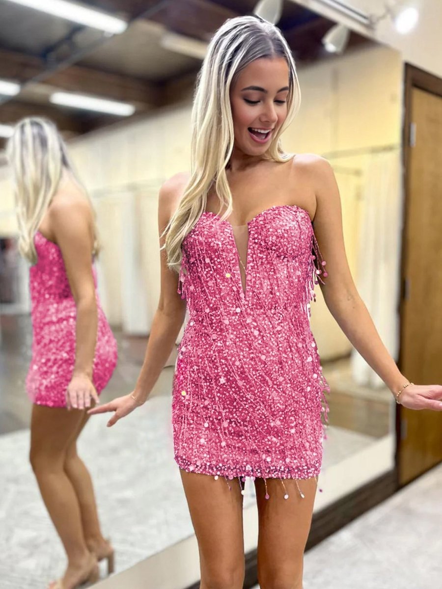 Hot Pink Sequin Embroidered Lace-Up Short Gown with Fringes