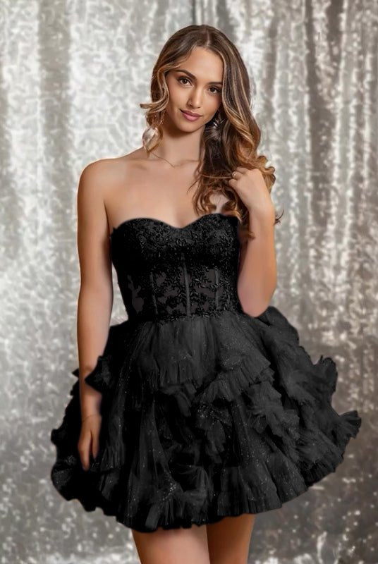 Carmelita | Black - Strapless A Line Ruffle Tulle Homecoming Dress With Appliques