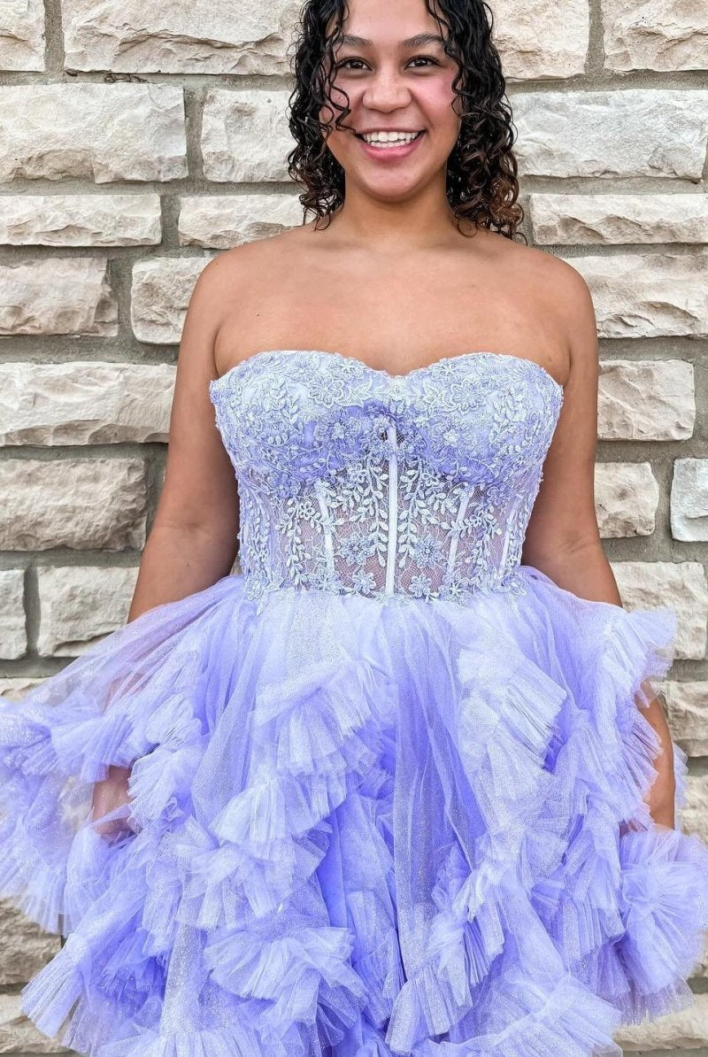 Carmelita | Lavender - Strapless A Line Ruffle Tulle Homecoming Dress With Appliques