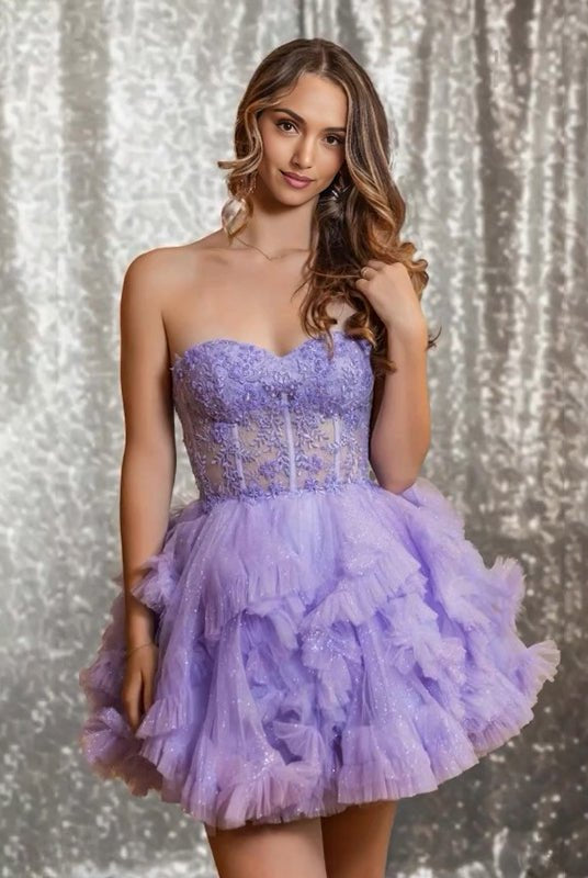 Carmelita | Lilac - Strapless A Line Ruffle Tulle Homecoming Dress With Appliques