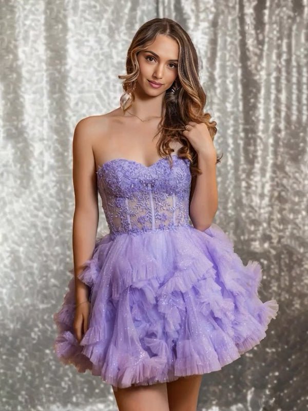 Carmelita | Lilac - Strapless A Line Ruffle Tulle Homecoming Dress With Appliques
