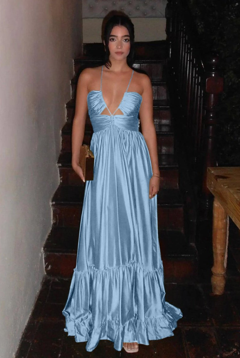 KissProm-Carnation Criss-cross Sky Blue Ruched A-line Halter Sleeveless Long Prom Dress