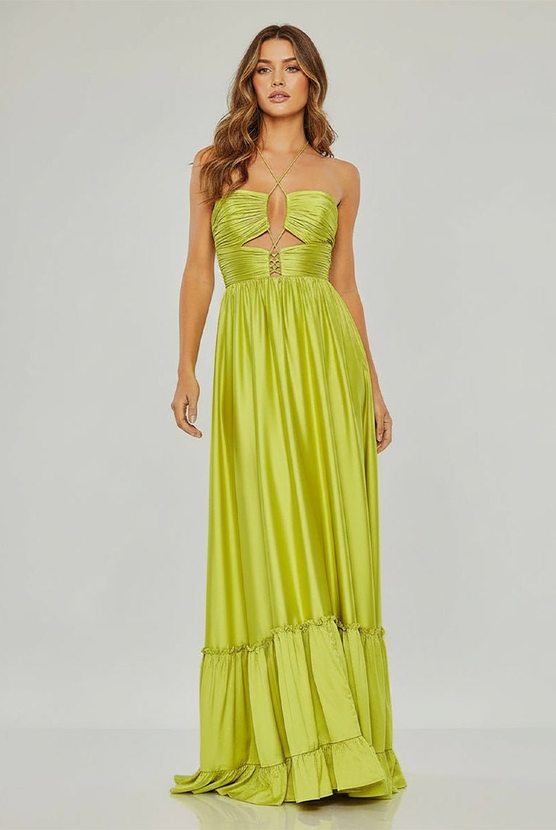 KissProm-Carnation Criss-cross Chartreuse Ruched A-line Halter Sleeveless Long Prom Dress