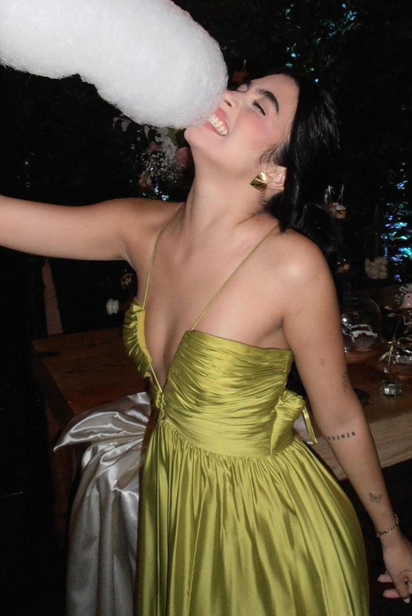 KissProm-Carnation Criss-cross Chartreuse Ruched A-line Halter Sleeveless Long Prom Dress