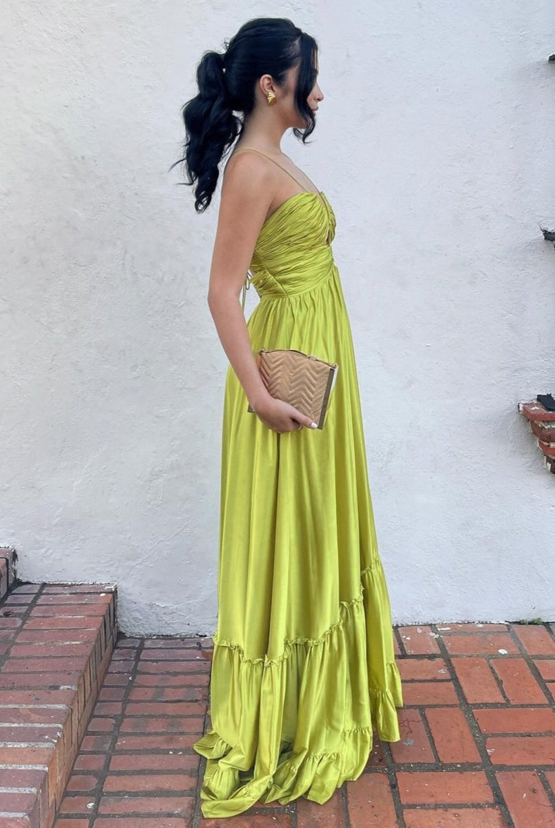 KissProm-Carnation Criss-cross Chartreuse Ruched A-line Halter Sleeveless Long Prom Dress