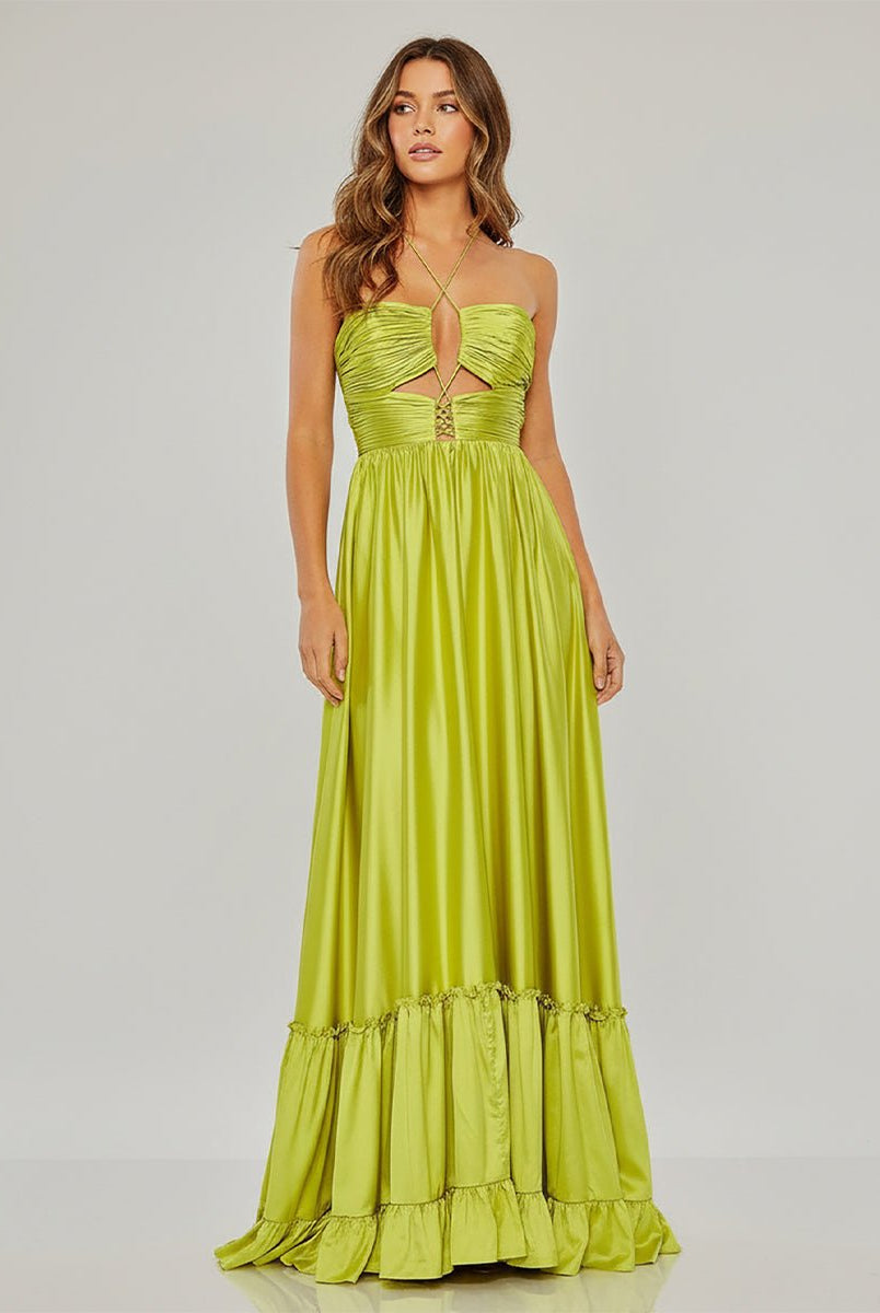 KissProm-Carnation Criss-cross Chartreuse Ruched A-line Halter Sleeveless Long Prom Dress