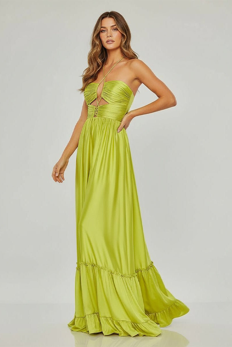 KissProm-Carnation Criss-cross Chartreuse Ruched A-line Halter Sleeveless Long Prom Dress