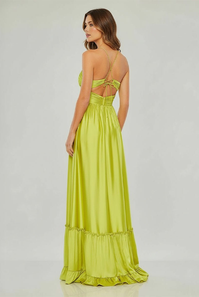 KissProm-Carnation Criss-cross Chartreuse Ruched A-line Halter Sleeveless Long Prom Dress