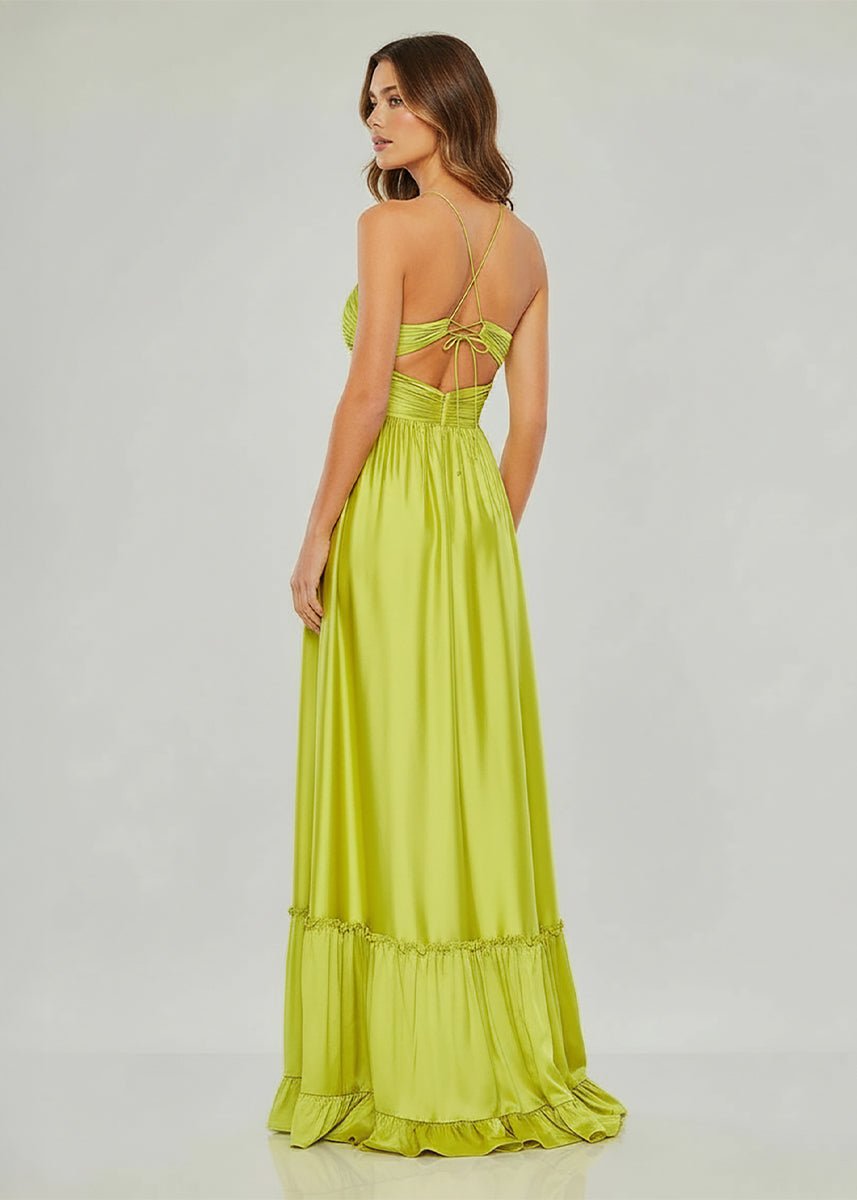KissProm-Carnation Criss-cross Chartreuse Ruched A-line Halter Sleeveless Long Prom Dress