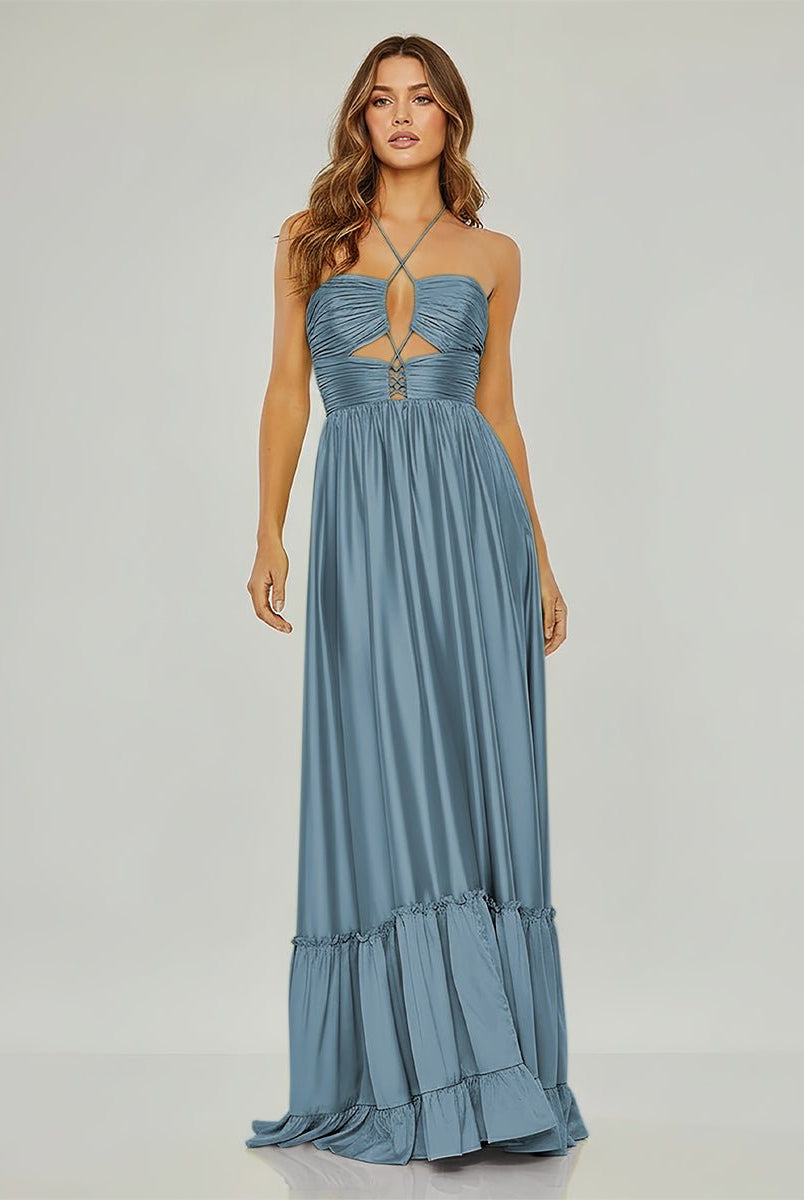 Carnation | Criss - cross Chartreuse Ruched A - line Halter Sleeveless Long Prom Dress - KissProm