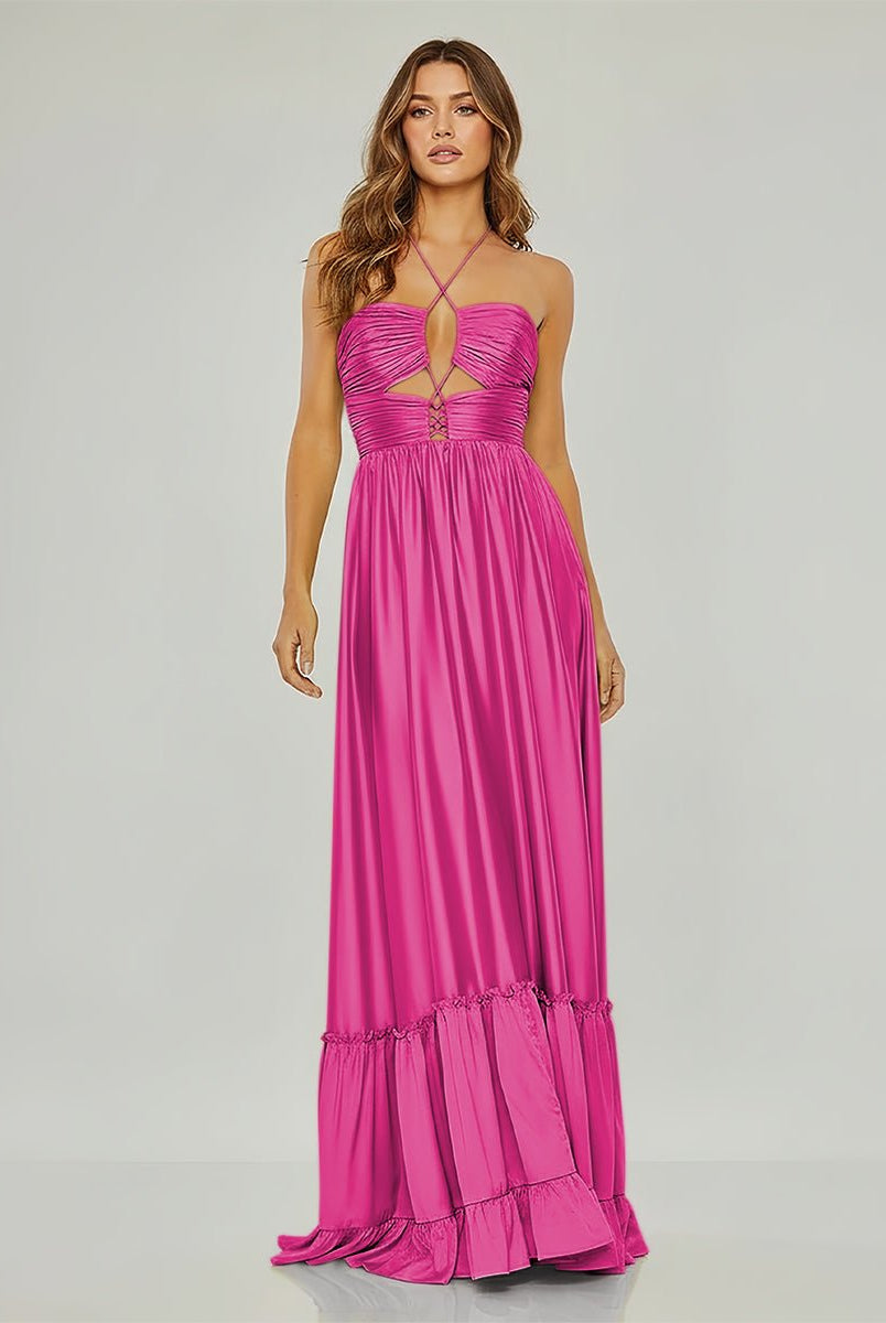 Carnation | Criss - cross Chartreuse Ruched A - line Halter Sleeveless Long Prom Dress - KissProm