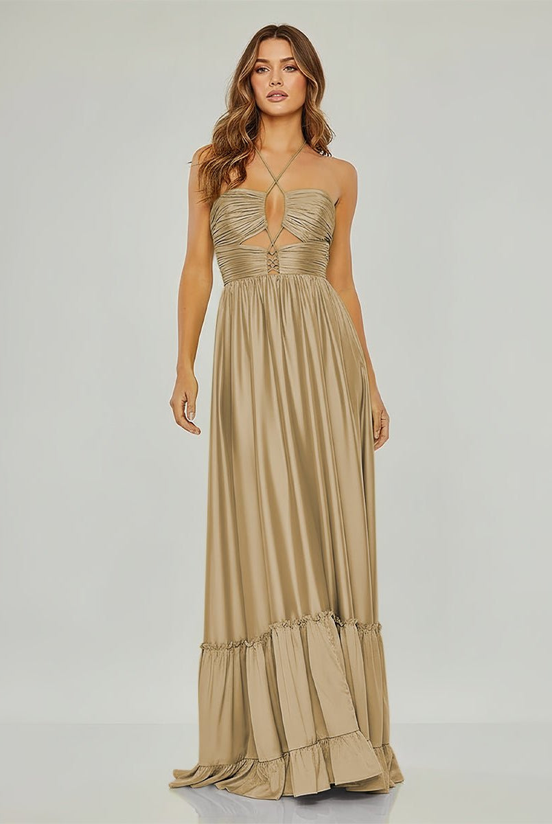 Carnation | Criss - cross Chartreuse Ruched A - line Halter Sleeveless Long Prom Dress - KissProm