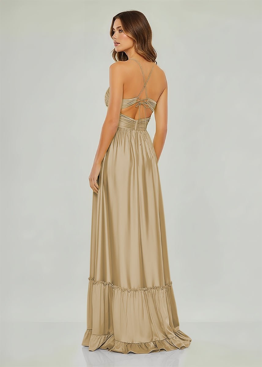 Carnation | Criss - cross Chartreuse Ruched A - line Halter Sleeveless Long Prom Dress - KissProm