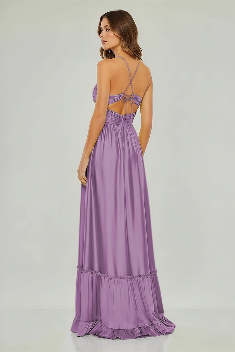 Carnation | Criss - cross Chartreuse Ruched A - line Halter Sleeveless Long Prom Dress - KissProm