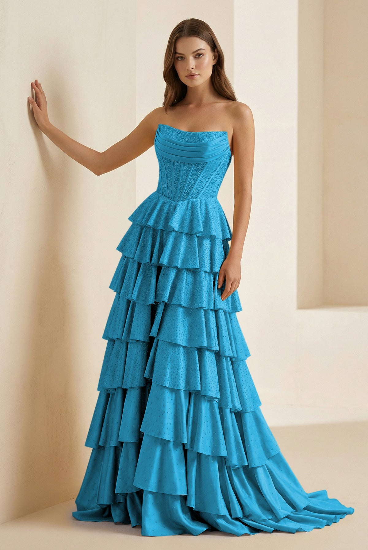 Casmira | Blue - Strapless A Line Satin Ruffled Long Formal Prom Dresses With Beading-KissProm