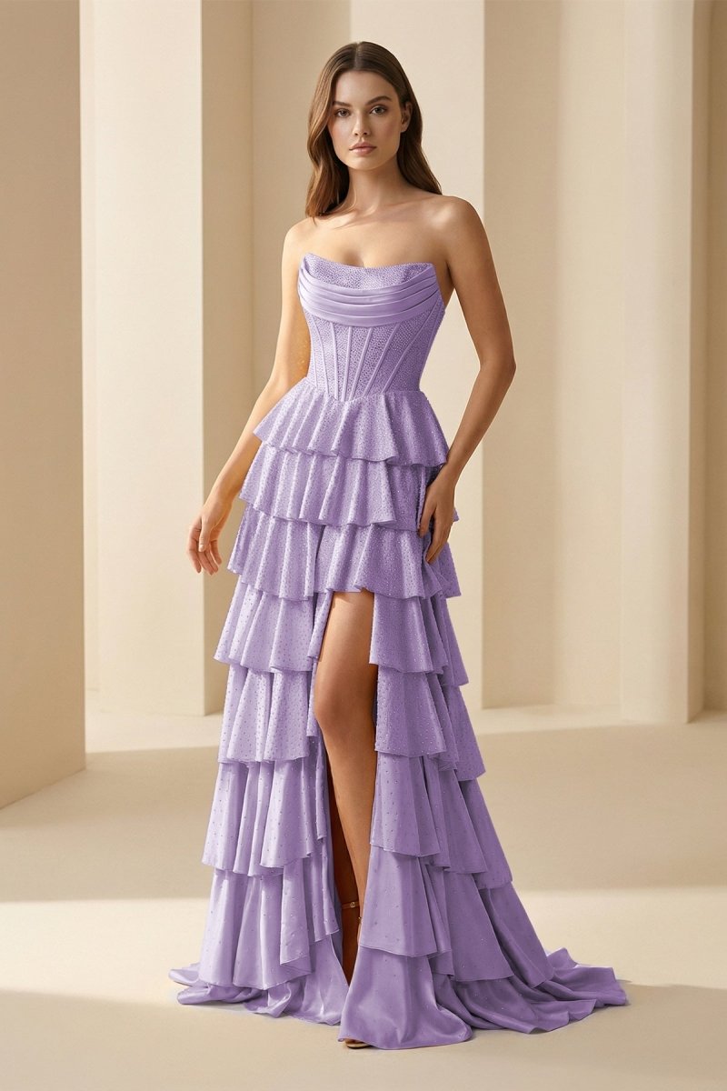 Casmira | Gold - Strapless A Line Satin Ruffled Long Formal Prom Dresses With Beading - KissProm