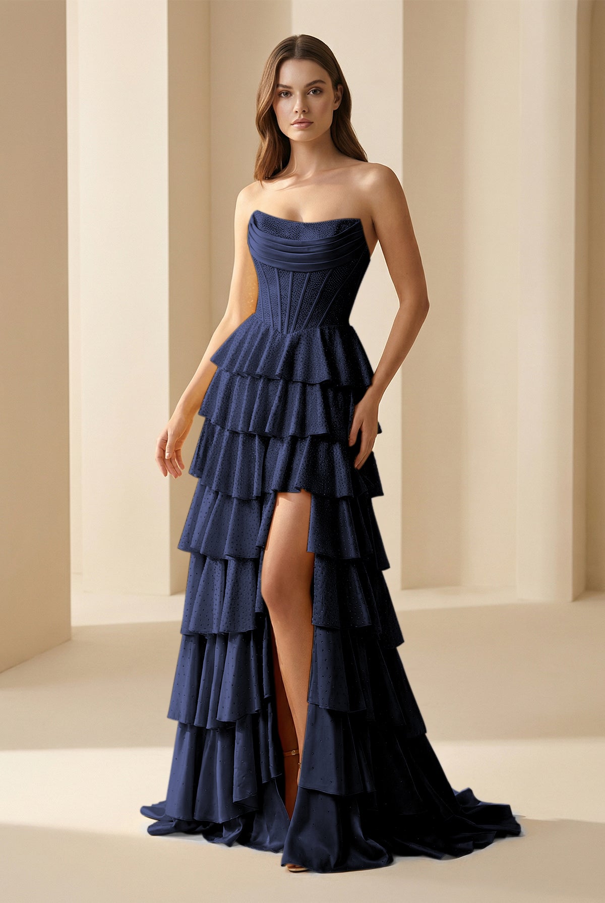 Casmira | Navy Blue - Strapless A Line Satin Ruffled Long Formal Prom Dresses With Beading-KissProm