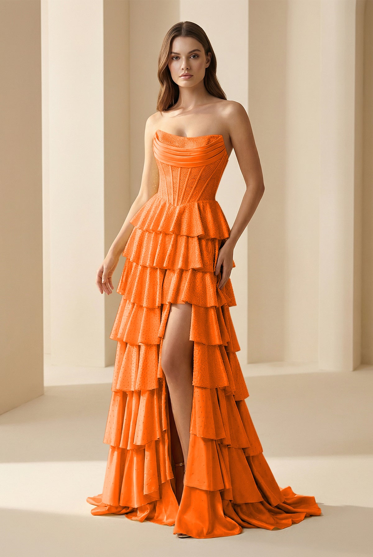 Casmira | Orange - Strapless A Line Satin Ruffled Long Formal Prom Dresses With Beading-KissProm