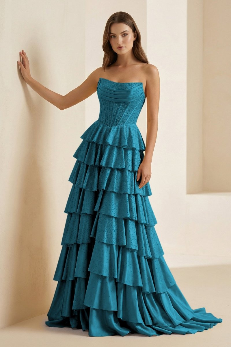 Casmira | Gold - Strapless A Line Satin Ruffled Long Formal Prom Dresses With Beading - KissProm