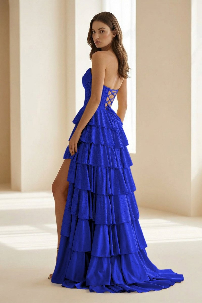 Casmira | Gold - Strapless A Line Satin Ruffled Long Formal Prom Dresses With Beading - KissProm