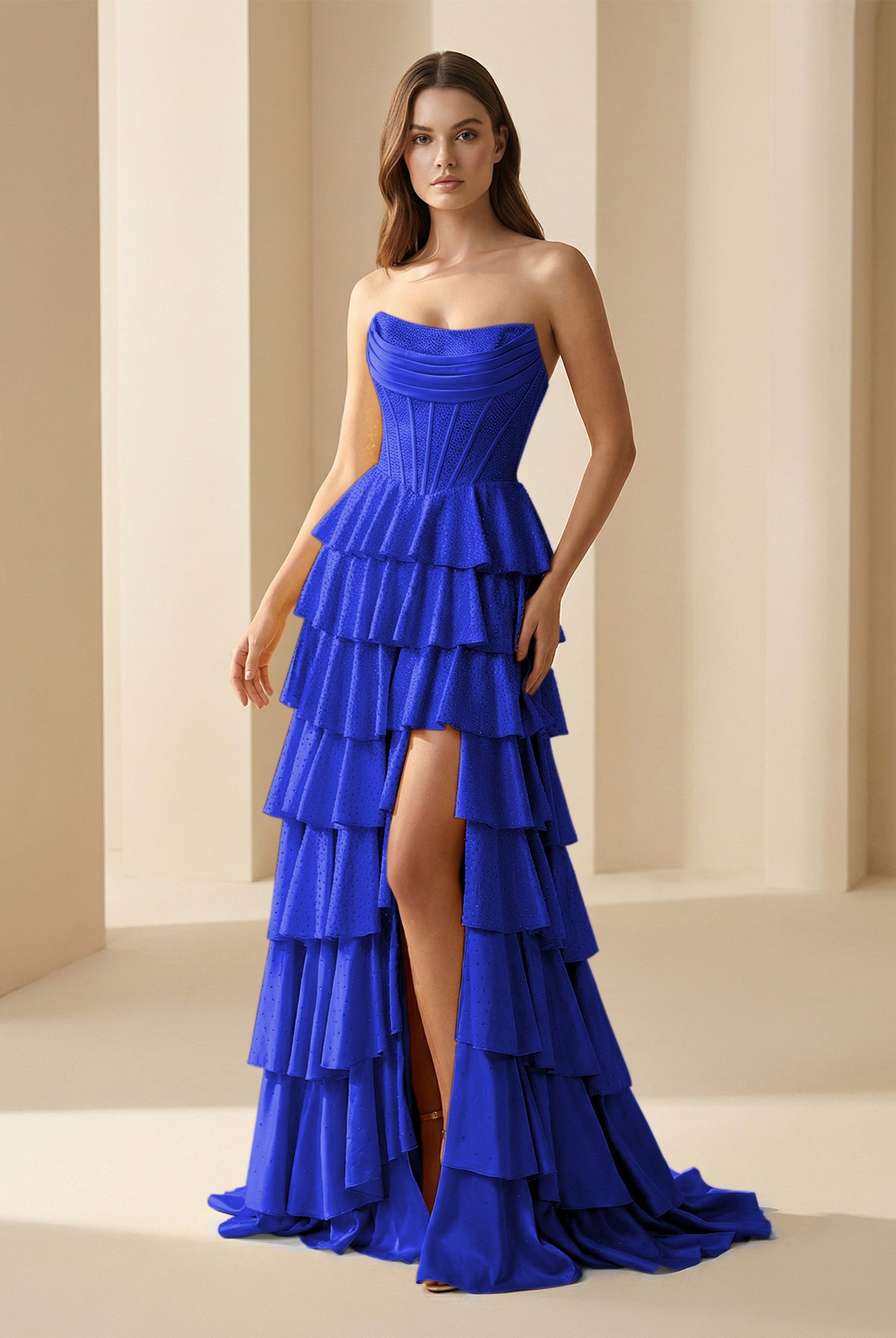 Casmira | Royal Blue - Strapless A Line Satin Ruffled Long Formal Prom Dresses With Beading-KissProm