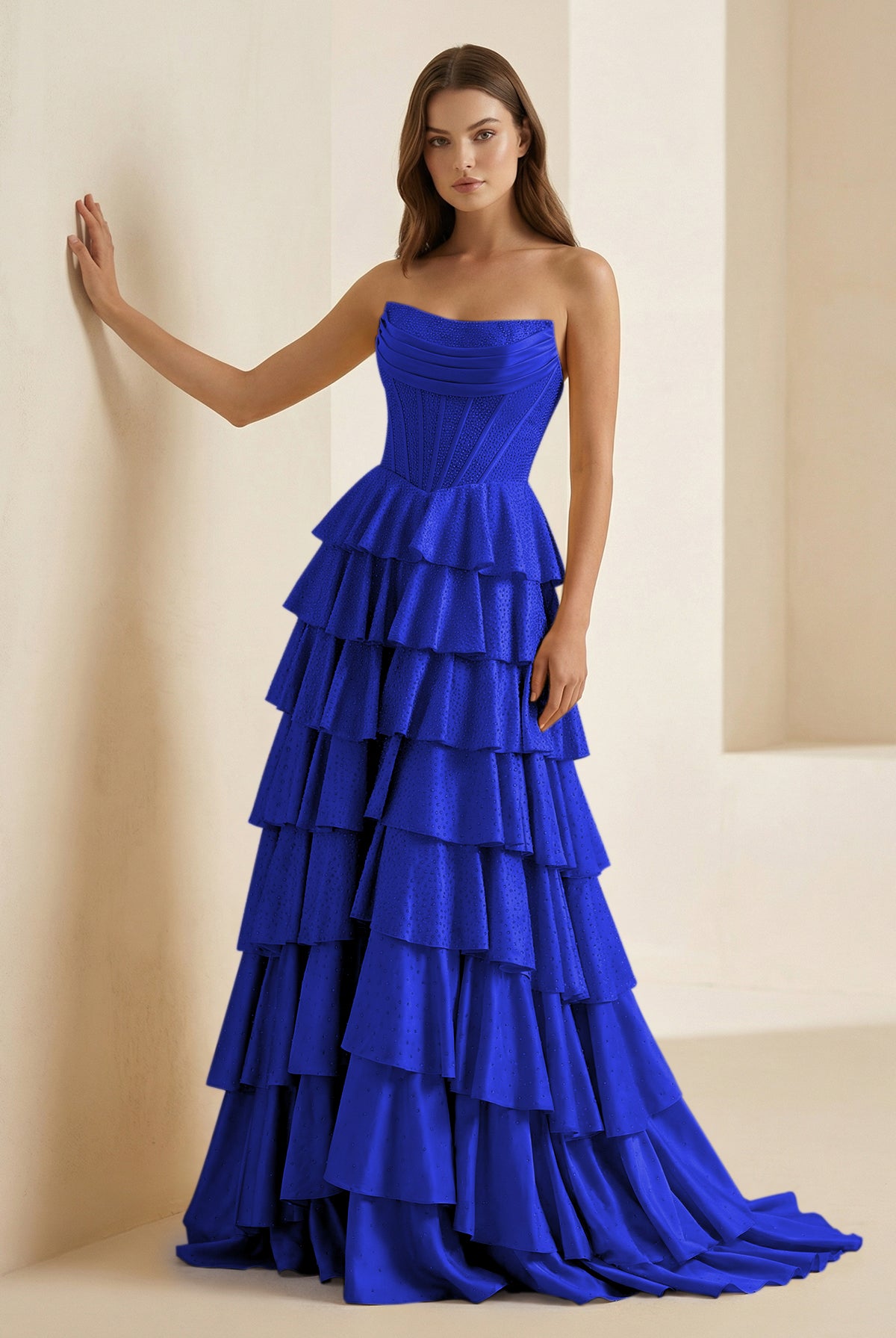 Casmira | Royal Blue - Strapless A Line Satin Ruffled Long Formal Prom Dresses With Beading-KissProm