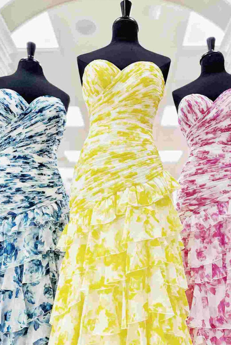 Cassian | Yellow - Mermaid Sweetheart Printed Chiffon Long Prom Dresses with Slit-KissProm