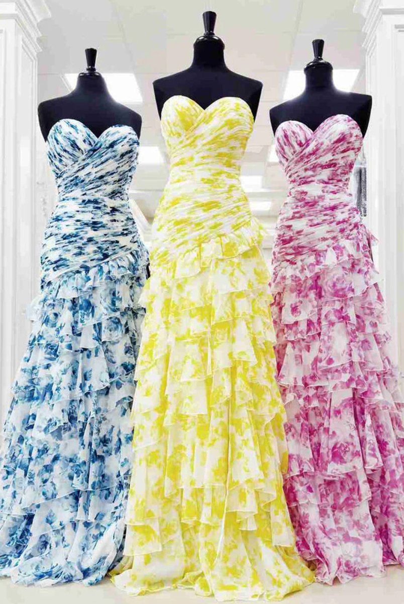 Cassian | Yellow - Mermaid Sweetheart Printed Chiffon Long Prom Dresses with Slit-KissProm