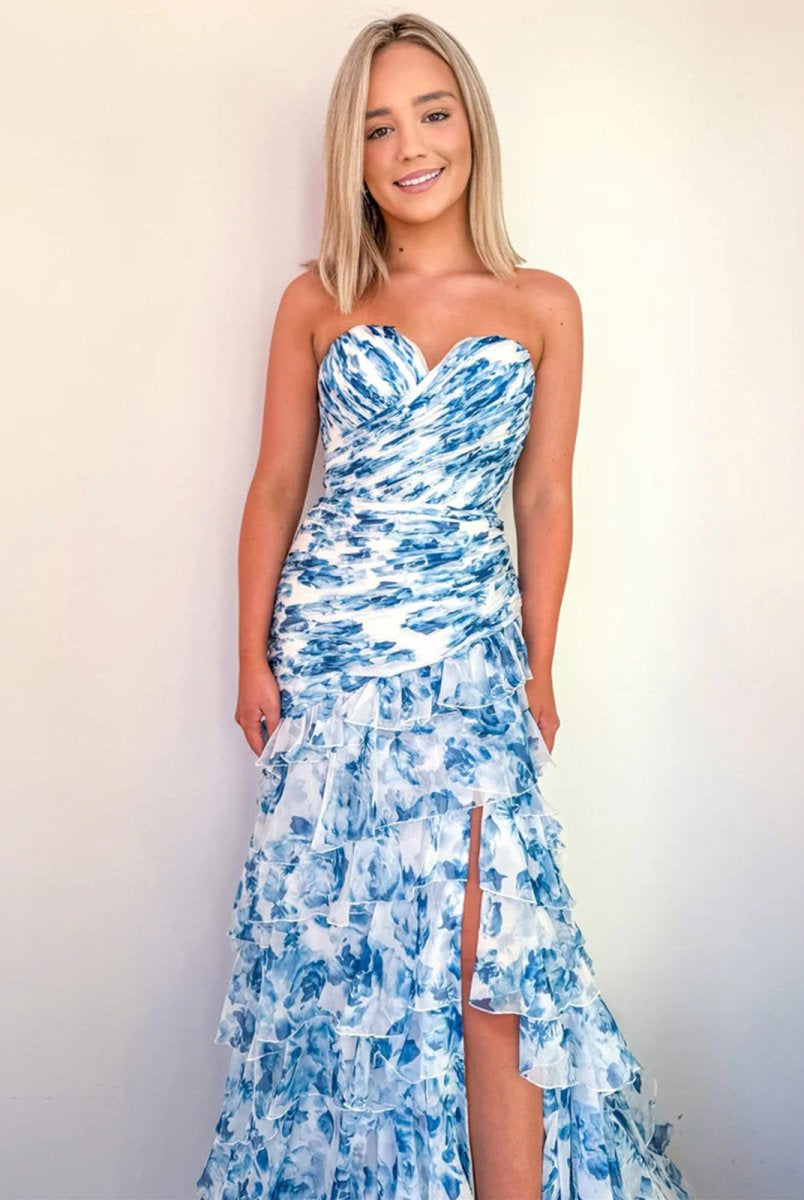 Cassian | Blue - Mermaid Sweetheart Printed Chiffon Long Prom Dresses with Slit -KissProm