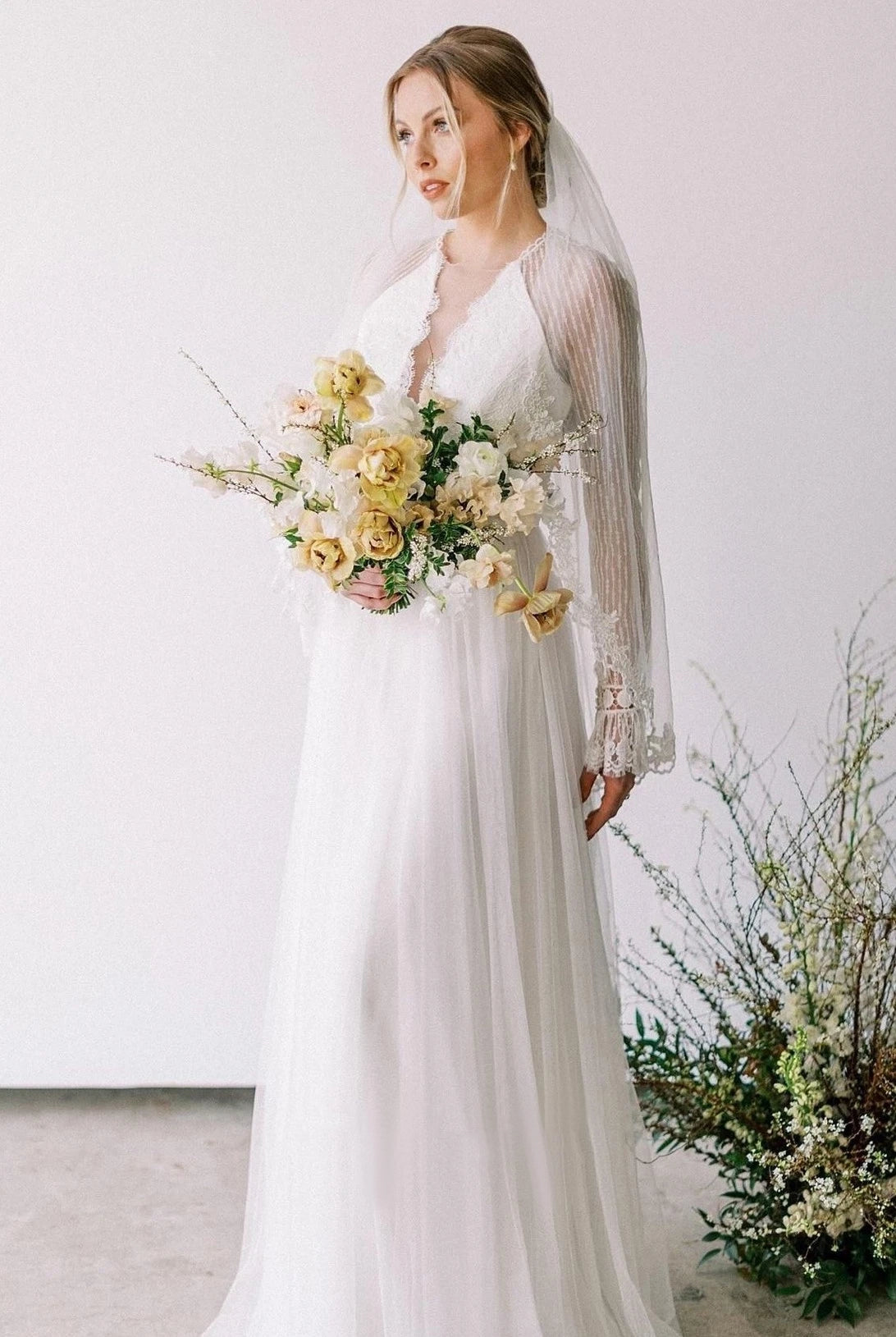 Casual A-Line Bateau Lace Tulle Wedding Dress With Long Sleeve And Sash