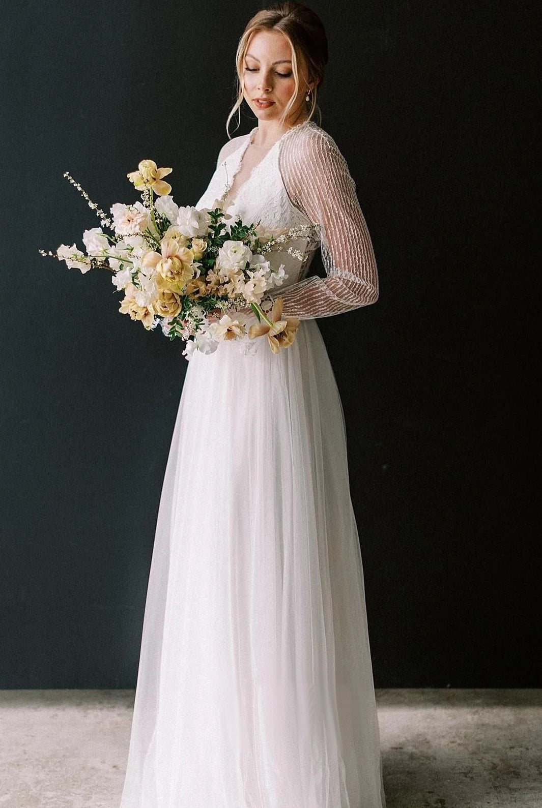 Casual A-Line Bateau Lace Tulle Wedding Dress With Long Sleeve And Sash