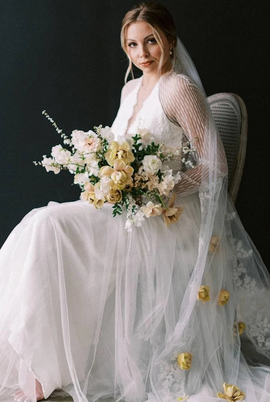 Casual A-Line Bateau Lace Tulle Wedding Dress With Long Sleeve And Sash