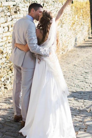 Casual A-Line Strapless Satin Garden Wedding Dress With Backless And Illusion Sleeves