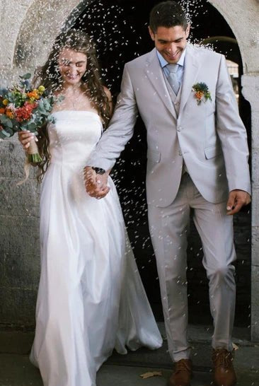 Casual A-Line Strapless Satin Garden Wedding Dress With Backless And Illusion Sleeves