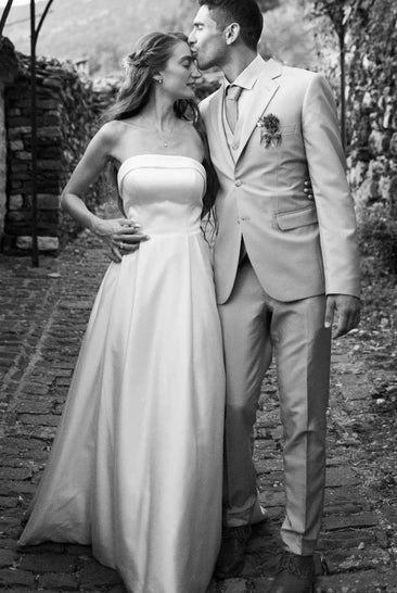 Casual A-Line Strapless Satin Garden Wedding Dress With Backless And Illusion Sleeves