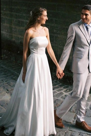 Casual A-Line Strapless Satin Garden Wedding Dress With Backless And Illusion Sleeves