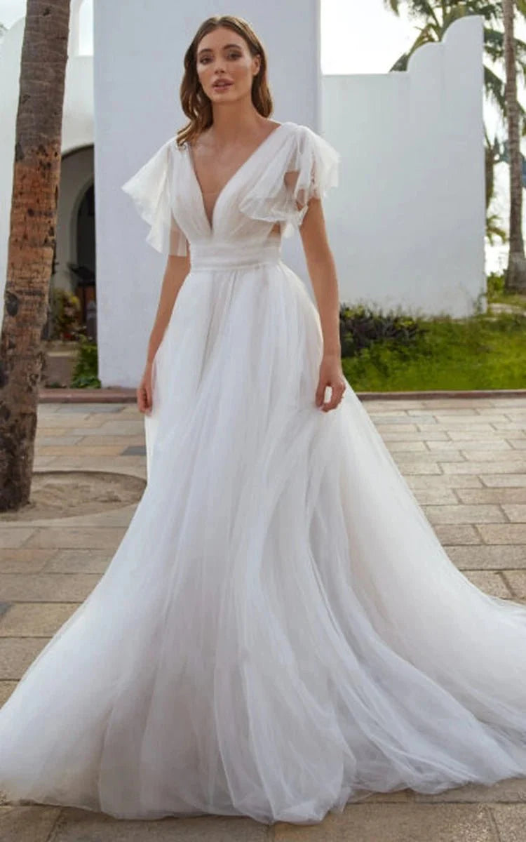 Casual Wedding Dresses A-line Chic V-Neck Straps Sexy Backless Tulle Beach Wedding Bridal Dress