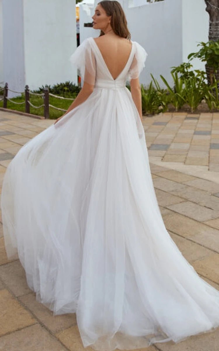Casual Beach A-Line Tulle Wedding Dress With V-neck And Low-V Back