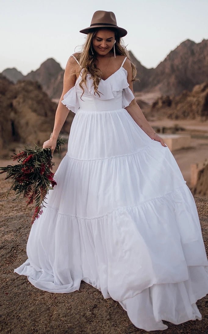 Casual Chiffon Spaghetti A Line Sleeveless Wedding Dress with Ruffles and Open Back