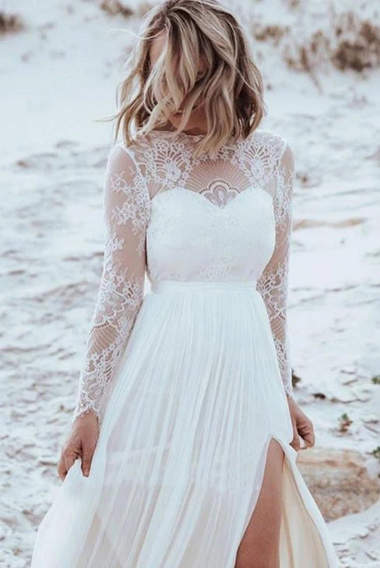 Casual Lace Bateau A Line Tulle Floor-length Wedding Dress with Split Front and Pleats