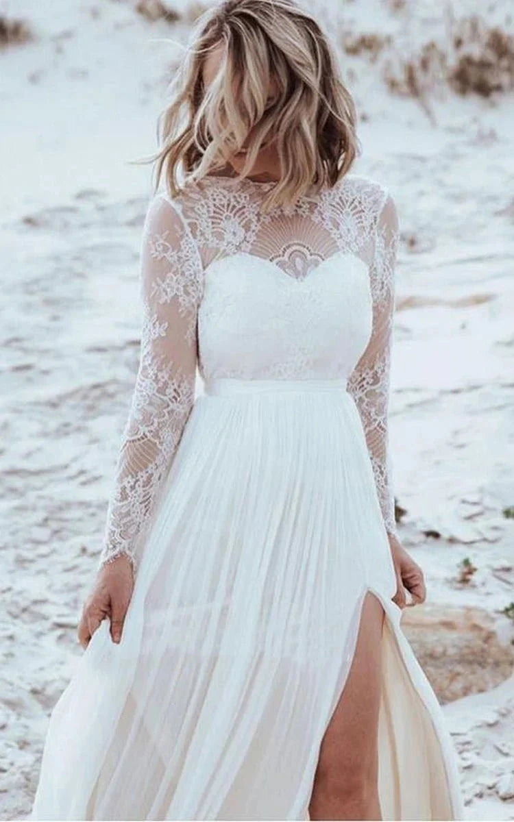 Casual Lace Bateau A Line Tulle Floor-Length Wedding Dress with Split Front and Pleats Diamond White / Custom Size Casual Lace Bateau A Line Tulle Floor-Length Wedding Dress with Split Front and Pleats Diamond White / Custom Size