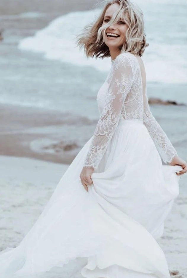 Casual Lace Bateau A Line Tulle Floor-length Wedding Dress with Split Front and Pleats